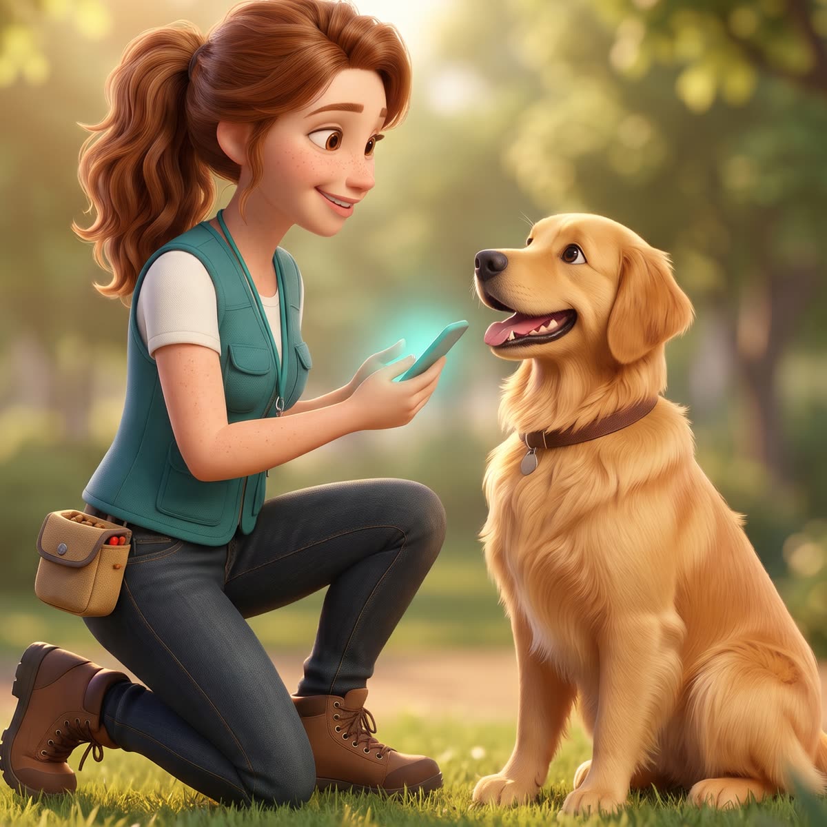 The Pet Detective trainer scans a happy golden retriever with her phone in a sunny park