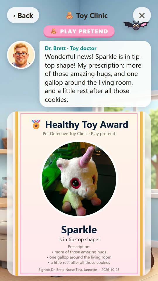 The Toy Clinic: a Healthy Toy Award for a plush unicorn named Sparkle