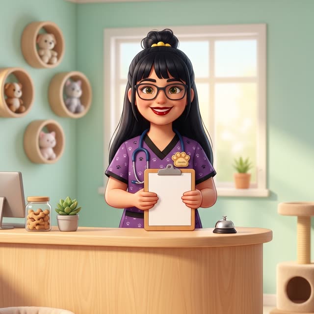 Janette at the clinic front desk with a clipboard